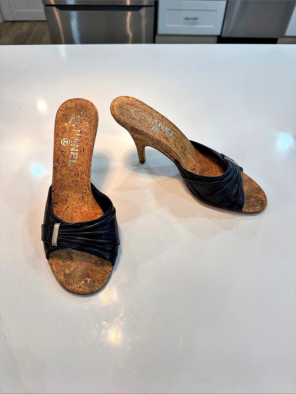 Chanel Black & Brown Cork Heeled Mules EU 38 🖤🤎